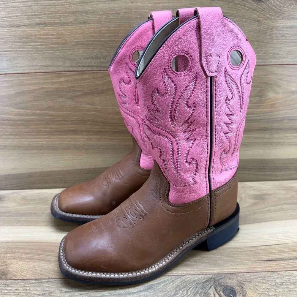 OLD WEST Cowgirl Western Boots Girls 2 Brown Pink Leather Square Toe Rodeo Ranch